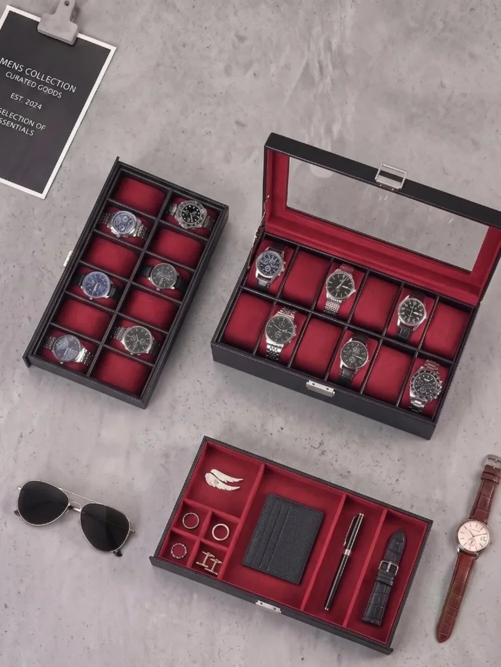 Large 24-Slot Watch Box for Men - Elegant Wine Red Organizer for Timepieces